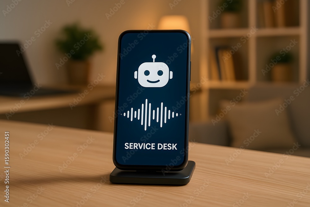 Poster a smartphone displaying a service desk chatbot with soundwave icon on a table. the scene suggests mo