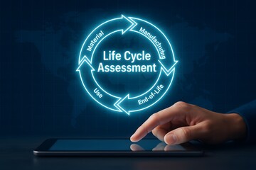 Hand pointing at a tablet showing a life cycle assessment diagram.  The diagram is a circular flow chart with arrows indicating the stages of a product's life cycle