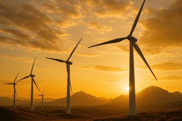 Wind turbines generating clean energy across rolling hills during dramatic sunset