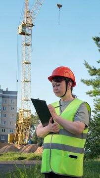 Female engineer in a construction helmet makes changes to working documentation 4k video