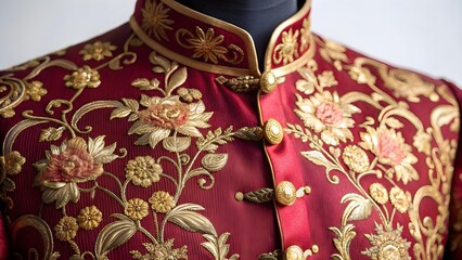 A closeup showcases exquisite detail of a red jacket adorned with gold floral embroidery