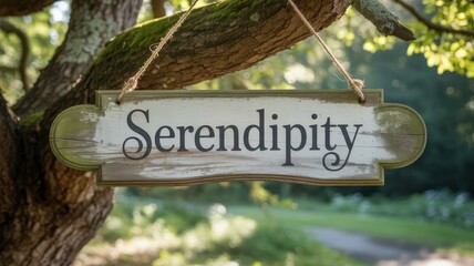 Weathered wooden sign reading Serendipity hanging from tree branch