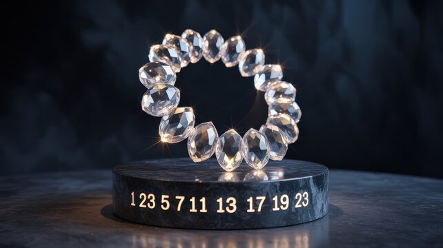 Crystal crown with prime numbers on elegant display platform