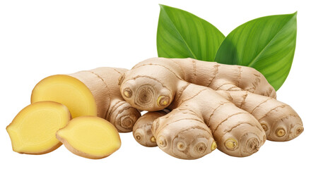 Isolated Fresh Ginger Root and Leaves