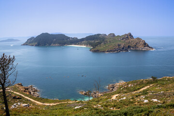 Panoramic view of the Cíes Islands from the Alto da Campá bird observatory near Pedra da Campá, Galicia. Stunning coastal landscape with sea, islands, cliffs, and natural beauty.