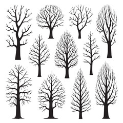 Obraz premium A collection of bare tree silhouettes against a white backdrop evokes the stark beauty of winter isolated on white background