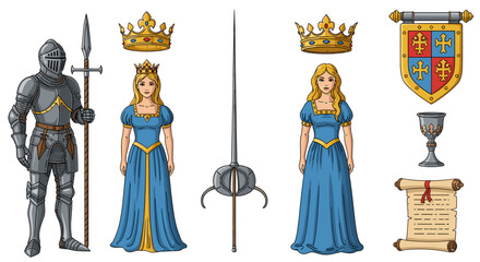 Obraz premium Illustration of a knight in armor, two princesses, crowns, and medieval objects on a white background on transparent background