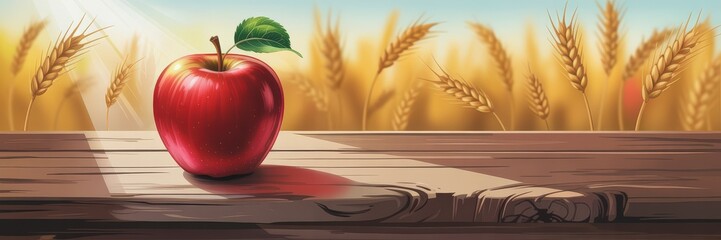 Red apple on wooden table with wheat field background