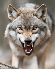 Fototapeta premium Fierce wolf showcasing its teeth in the wild, a majestic and strong predator of the wildlife