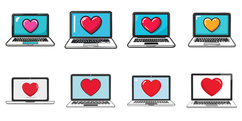 Multiple vector illustrations of hearts on laptop PC

