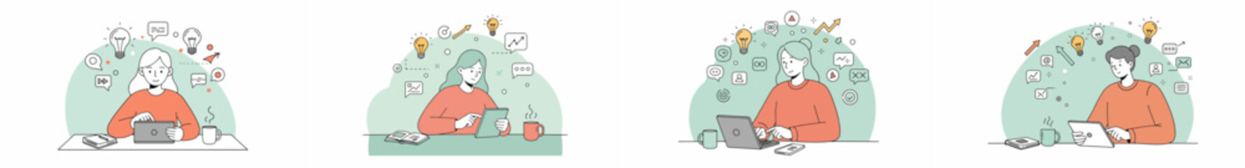 Multi-scene illustration of a woman with short gray hair and a red sweater working at a desk