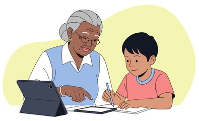 Senior Black Woman helping his grandson with homework using tablet