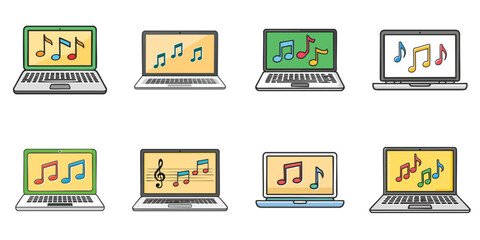 Multiple vector illustrations of musical notes on laptop PC

