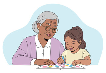 Senior Latin American Woman and her granddaughter toddler coloring book