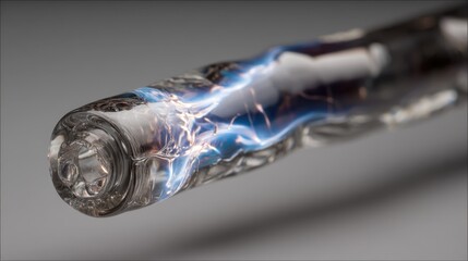Glassblowing expertise transforms molten glass into a light pipe, showcasing the material's fluidity and embedded lightning like patterns against a neutral backdrop