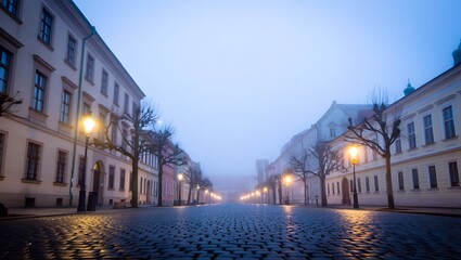 Foggy morning street scene prague czech republic europe travel destination cityscape view