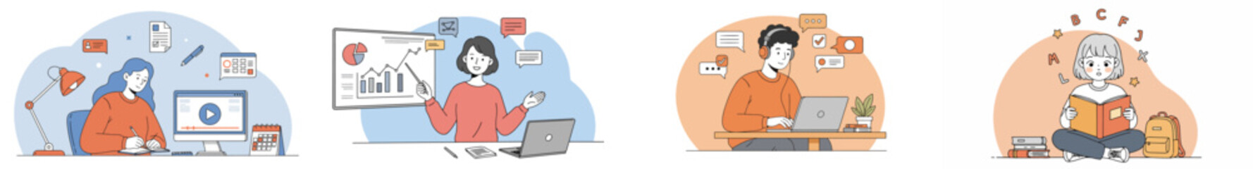 Four-panel illustration of diverse work and leisure activities with pastel backdrop