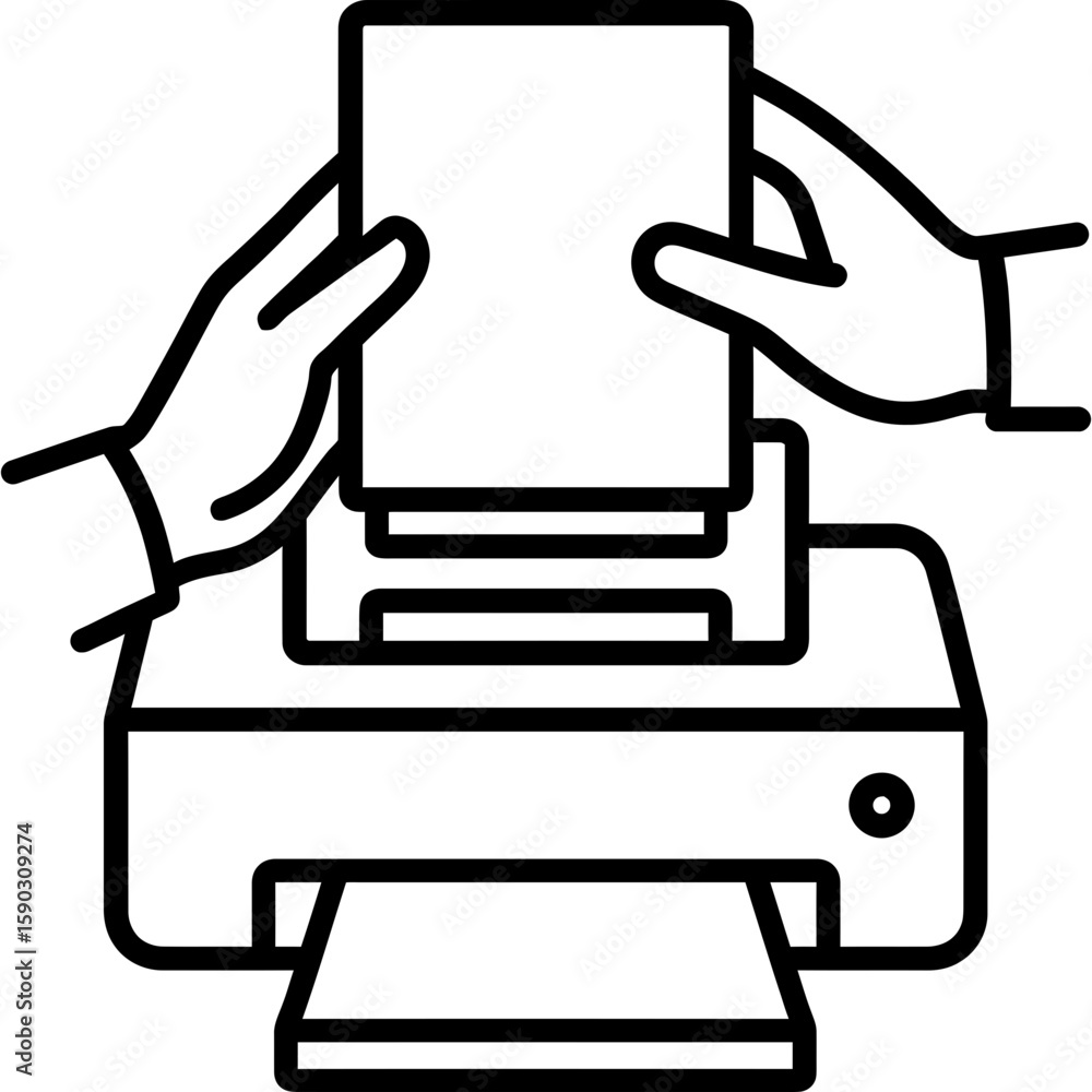 Poster loading paper in printer outline icon vector