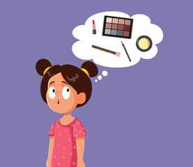 Little Girl Curious about Makeup Vector Cartoon Illustration. Clueless girl wondering about makeup products 

