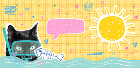 Funny summer collage with vector cat face with snorkel and fish bone, fun animal banner with sea waves and sun background design