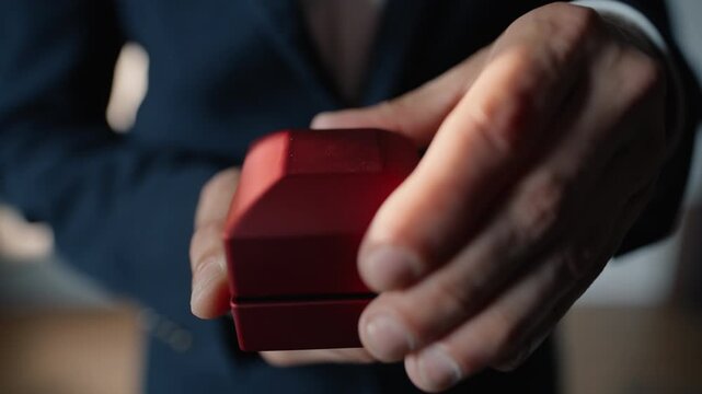 Closeup groom hands opening wedding ring red box at blurred background. Love