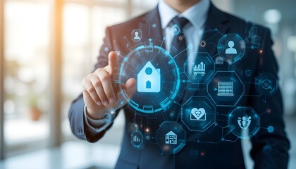 business woman touching virtual screen, businessman pressing virtual button, businessman touching virtual screen, Businessman using digital procurement system with futuristic icons – vendor management