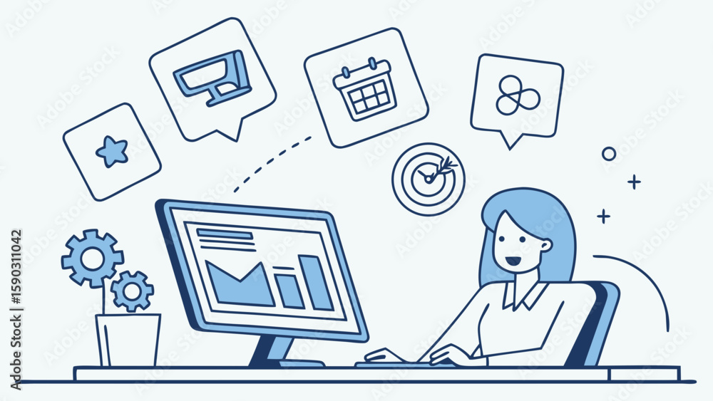 Poster woman working on computer with icons representing tasks and goals floating around her head in blue c