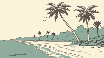 Illustration of a tropical beach scene with palm trees and ocean waves on a sunny day at the coast created with generated ai