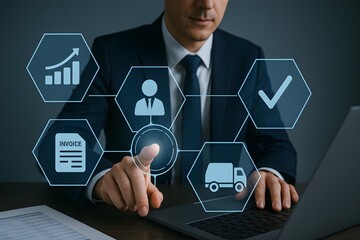 businessman working with laptop, businessman working on laptop, businessman with laptop, Businessman using digital procurement system with futuristic icons – vendor management and supply chain concept