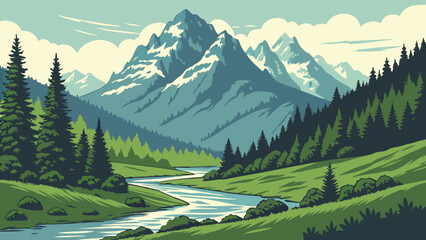 A scenic view of snow capped mountains with a river flowing through a lush green valley landscape created with generated ai