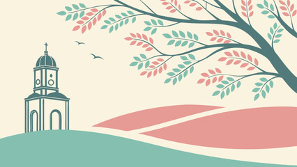 Illustration of a church on a hill with a tree and birds in a pastel color palette landscape view created with generated ai