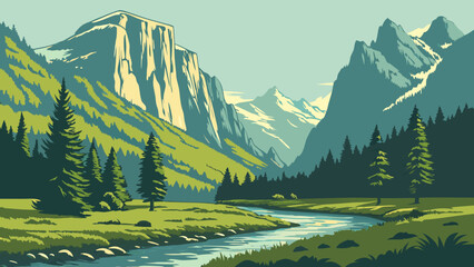 Scenic mountain landscape featuring a river flowing through a valley with tall pine trees and peaks created with generated ai