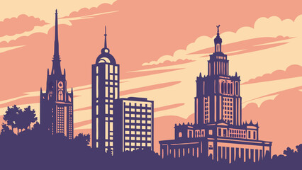 Silhouette of a city skyline with various buildings against a pastel colored sky with clouds at dusk created with generated ai