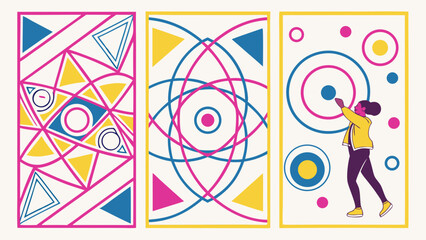 Three abstract panels with geometric shapes circles and a figure reaching up to a circle design created with generated ai