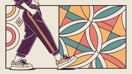A person in stylish pants and sneakers walking by an abstract geometric design background art piece created with generated ai