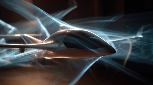 Closeup view of a sleek eVTOL prototype subjected to rigorous windtunnel testing illustrating the meticulous evaluation of aerodynamics. Wind airflow visualization highlights the importance