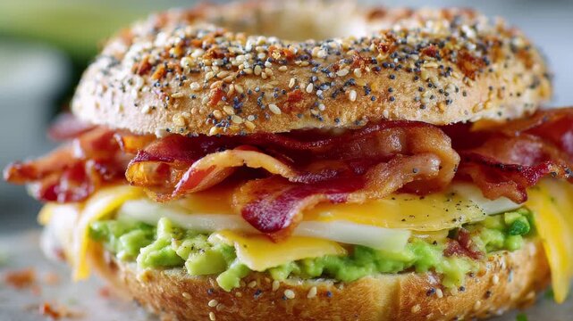 Close-up of a mouthwatering bagel sandwich with bacon, cheese, and avocado