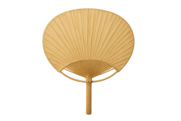 Wooden handheld fan displaying traditional japanese craftsmanship, lying flat against translucent surface