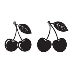 Black cherries with leaves on white background fruit stems
