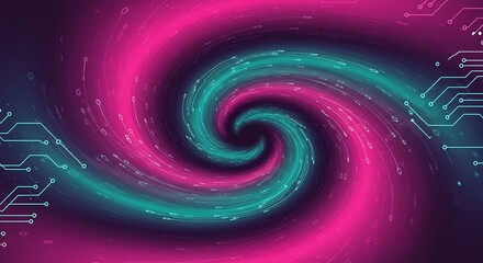 Swirling Teal and Magenta Vortex with Circuit Board Accents, Abstract Technology Background