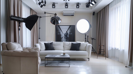 A professional photo studio with equipment and lighting prepared for shooting with modern living room interior design