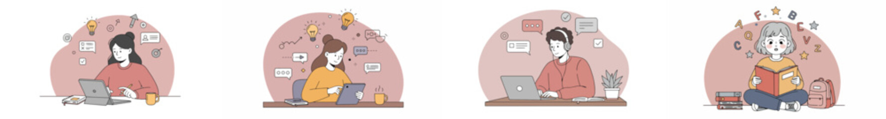 Illustration of four people engaged in creative and intellectual activities with laptops and books