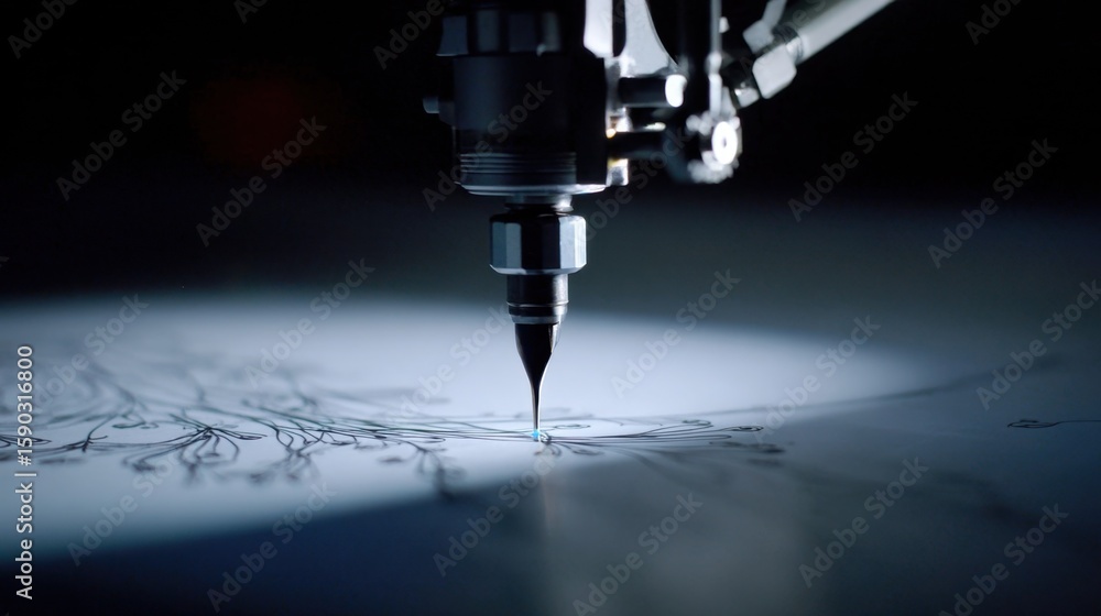 Poster robotic arm meticulously applies electrochromic ink to a surface, creating an intricate design with 