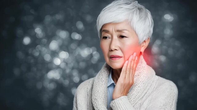八十代の日本人の高齢女性が顎を押さえ歯痛に耐える