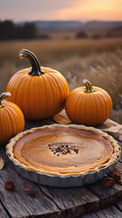 Autumn still life: large orange pumpkins and a whole pumpkin pie on a plate on an old wooden table in the yard - coziness, rural atmosphere, seasonal food, 4K