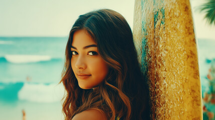 Young woman smiles while leaning against a surfboard at a sunlit beach with waves in the background