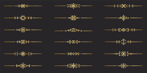 Gold text dividers doodle set. Wedding decorative elements. Divider ornament, borders, vintage line separators. Hand drawn vector illustration isolated on black background