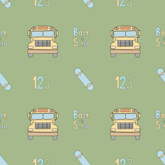 Seamless pattern with school bus, skateboard, 123 and back to school
