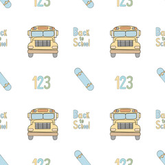 Seamless pattern with school bus, skateboard, 123 and back to school