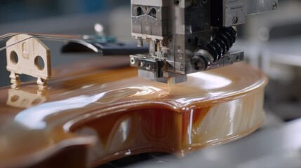 In a modern workshop, a robotic arm meticulously applies finishing touches to a bioplastic violin, showcasing the smooth, glossy surface achieved through precise layering of kelp ribbons